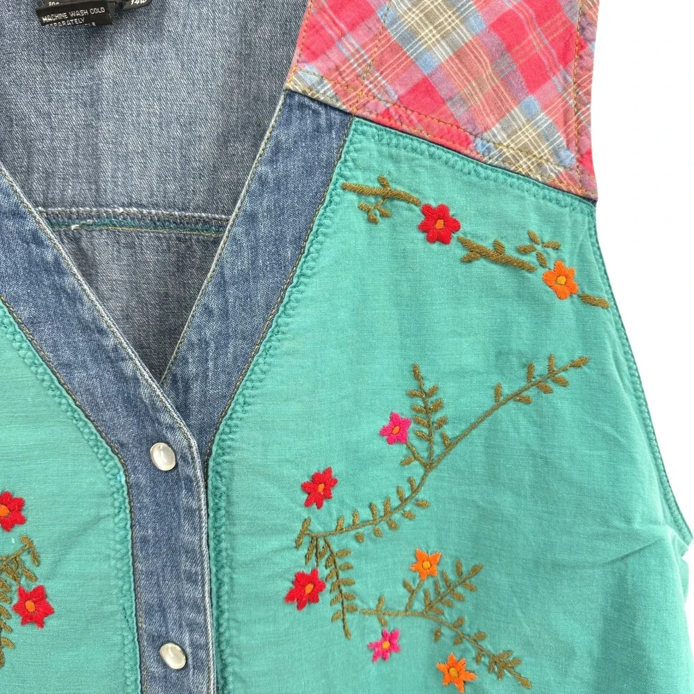 Vtg. Y2K Carole Little Floral Embroidered Denim Vest Western‎ Plaid Womens 14W